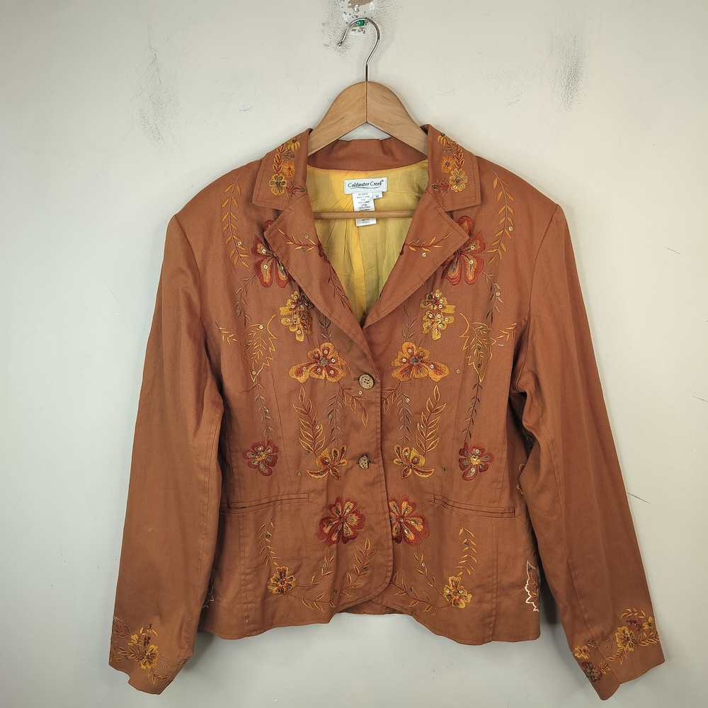 Coldwater Creek Floral Embroidered Blazer Jacket XL Sequin Fall Autumn Brown